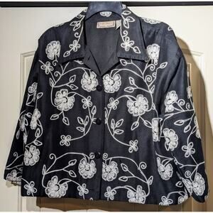 Life Style Black White Floral Embroidered Button Front Silk Blend Jacket Sz XL